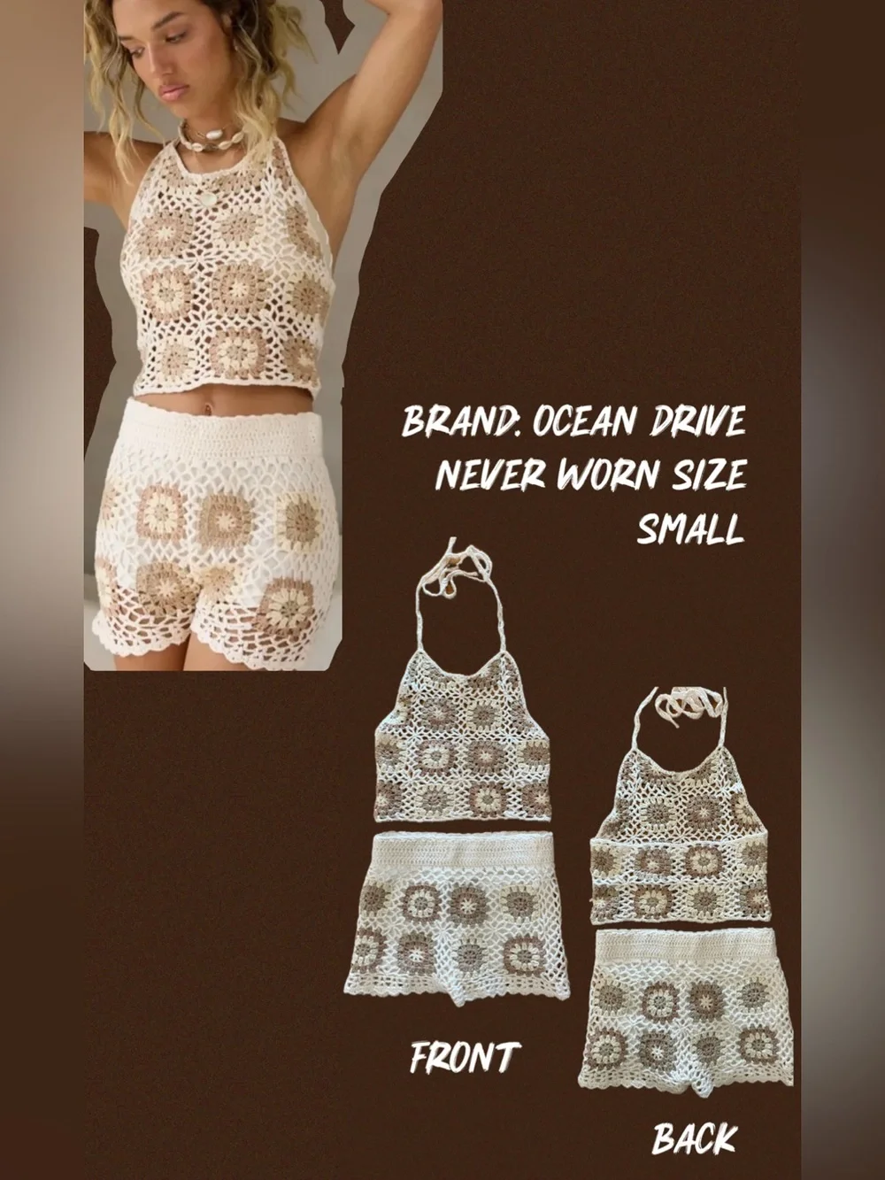 Ocean Drive Crochet Halter Crop Top & Shorts Set in Cream and Tan
